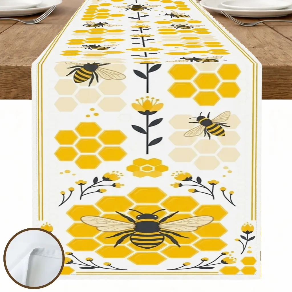 1pc Bee Floral Honeycomb Table Runner, Rustic Farmhouse Style, Printed Pattern with Floral Border, for Dining Table Kitchen Decor Home Decor Fall Decor