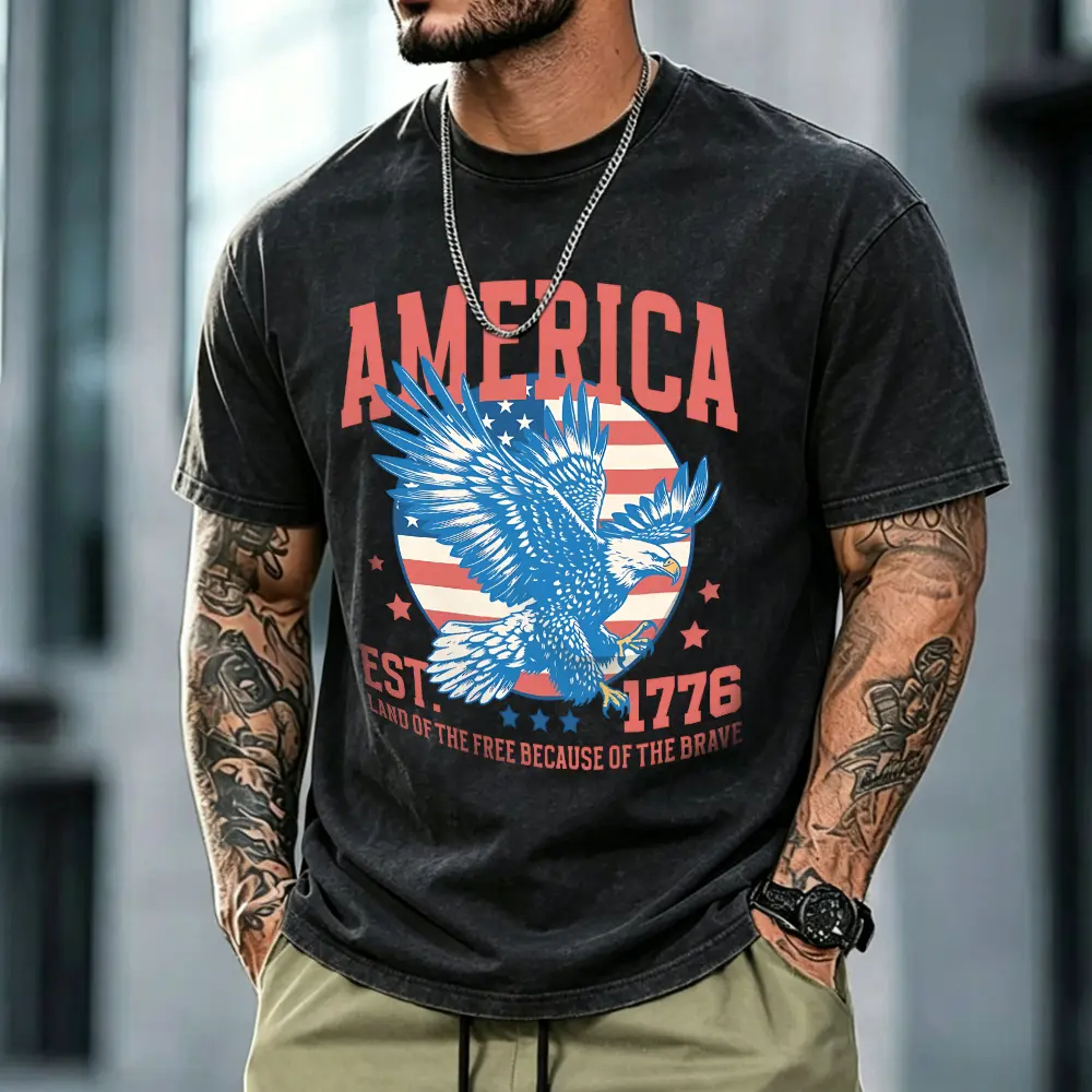 Retro Patriotic America 1776 Bald Eagle T-Shirt | Y2K Washed USA Flag "Land of the Free" Graphic Tee | Unisex Independence Day Casual Top