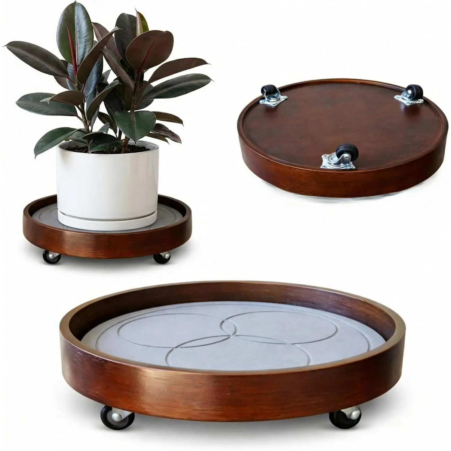 Plant Caddy with Wheels Indoor – Bamboo Rolling 12" inch Plant Stand with Absorbent Stone, No Water Stains, 360° Wheels, Floor Protection Plant Tray for Heavy Pots