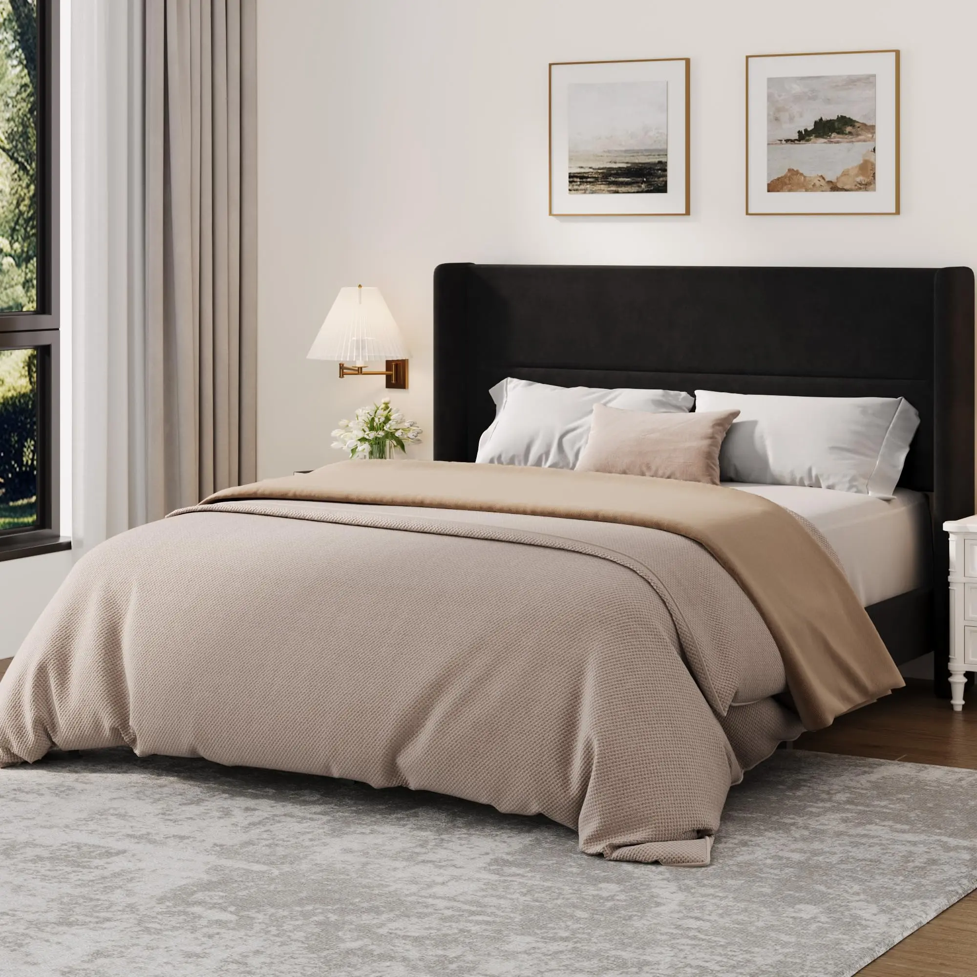 Garvee Queen Size Bed Frame with Wingback Headboard, Velvet Upholstered Platform Bedframe with Wood Slats, No Box Spring Needed, Easy Assembly, Black
