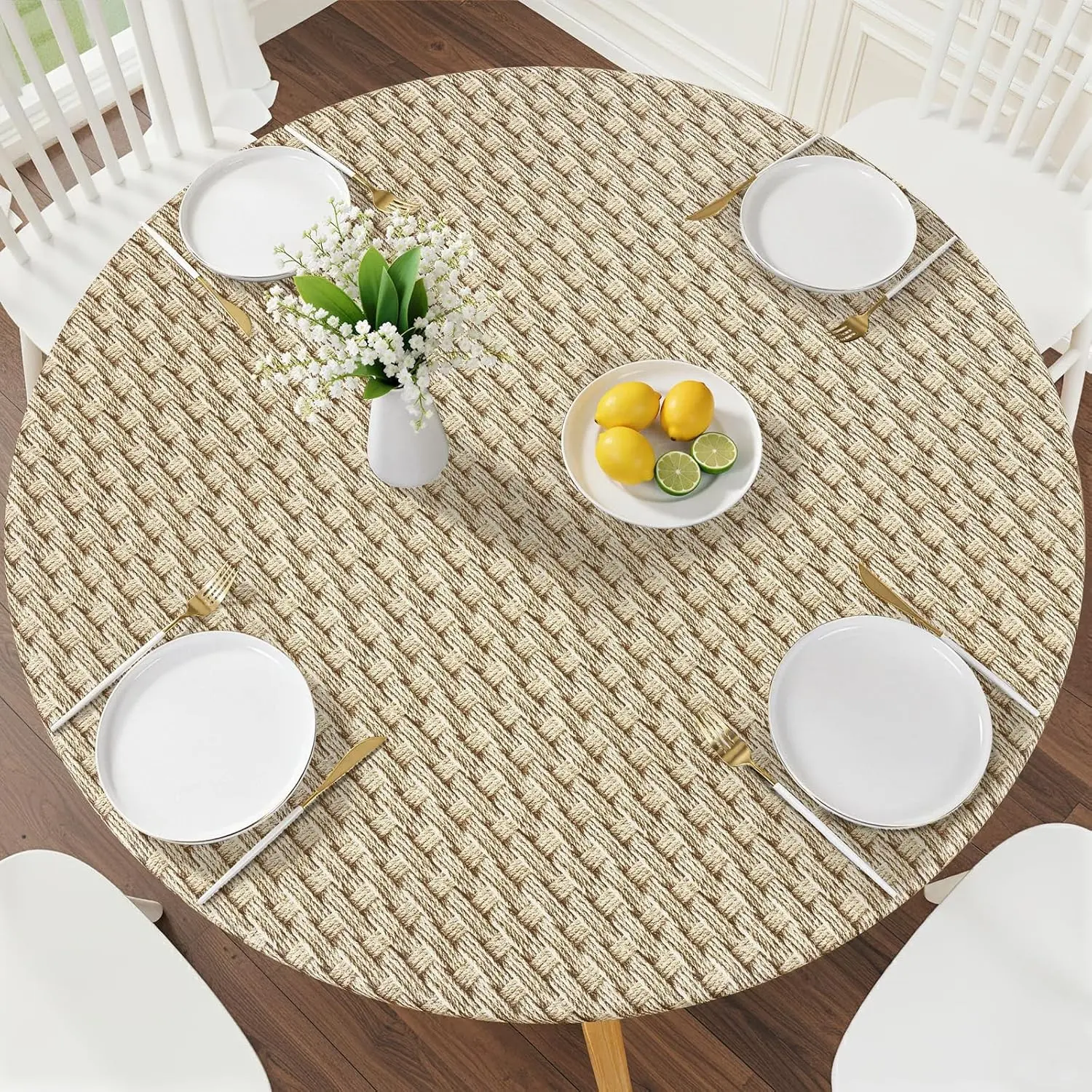 Round Picnic Tablecloth, Wipeable Flannel Backed Vinyl Tablecloths for 45" - 56" Tables, Waterproof Elastic Fitted Table Covers for Camping, Indoor, Outdoor, Khaki