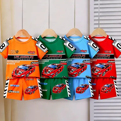 Boys' 4-Piece Summer Suit, Sports Clothing Set, Top And Shorts, Racing Motorcycle Style, Letter Print Tank Tops & Casual Shorts, Outdoor Sports, School Parties, Holiday Gifts, Clothes Kids