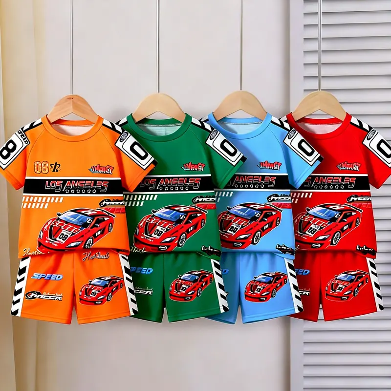 Boys' 4-Piece Summer Suit, Sports Clothing Set, Top And Shorts, Racing Motorcycle Style, Letter Print Tank Tops & Casual Shorts, Outdoor Sports, School Parties, Holiday Gifts, Clothes Kids