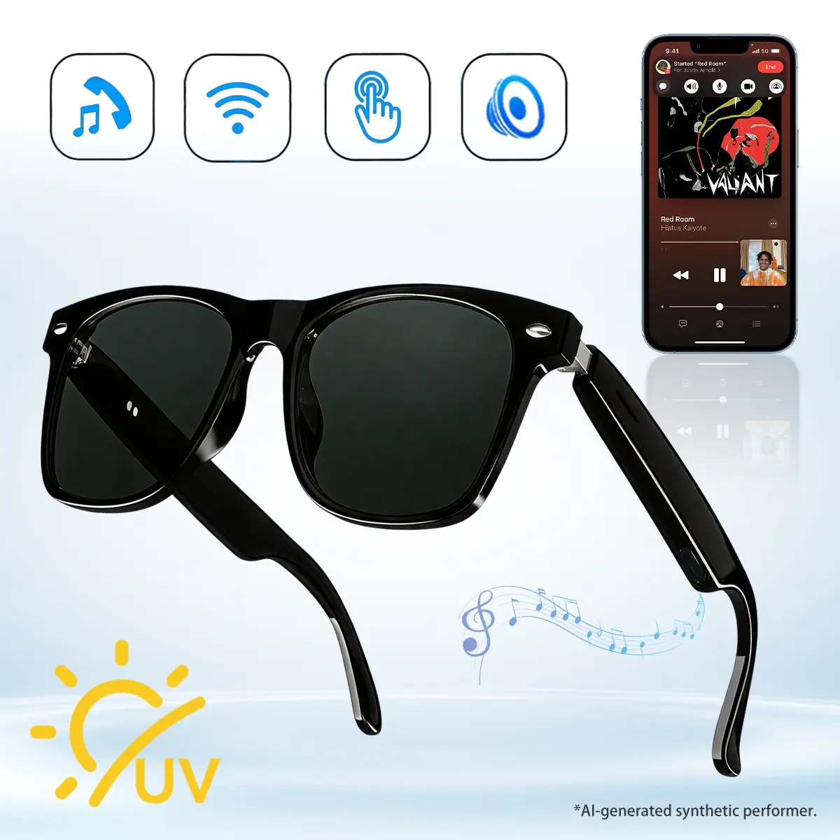 AI Smart Glasses for Men & Women,Bluetooth Glasses with 100+ Languages Translation,UV Black Lens,Music Playback,Hands-Free Calls,Blue Light Protection,Travel