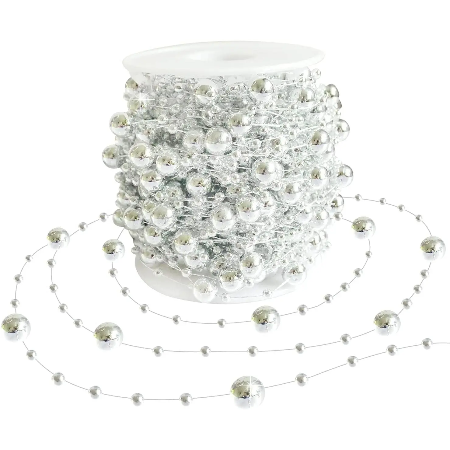 Silvery Synthetic Corded Plastic Beads Christmas Tree Garland Ornaments - 66 Flexible Big-Small Mix Strands Chain for Modern Holiday Decor, Festive Crafts