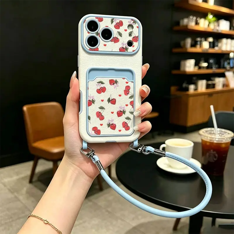 Card Holder Shockproof Case with Wrist Lanyard Sweet Love Heart Cherry Printed Phone Case Full Cover Shockproof Soft Shell For Multiple Phone Models Full camera protection, fits iPhone 11-17 Pro/Pro Max, sweet gift for couples, fa