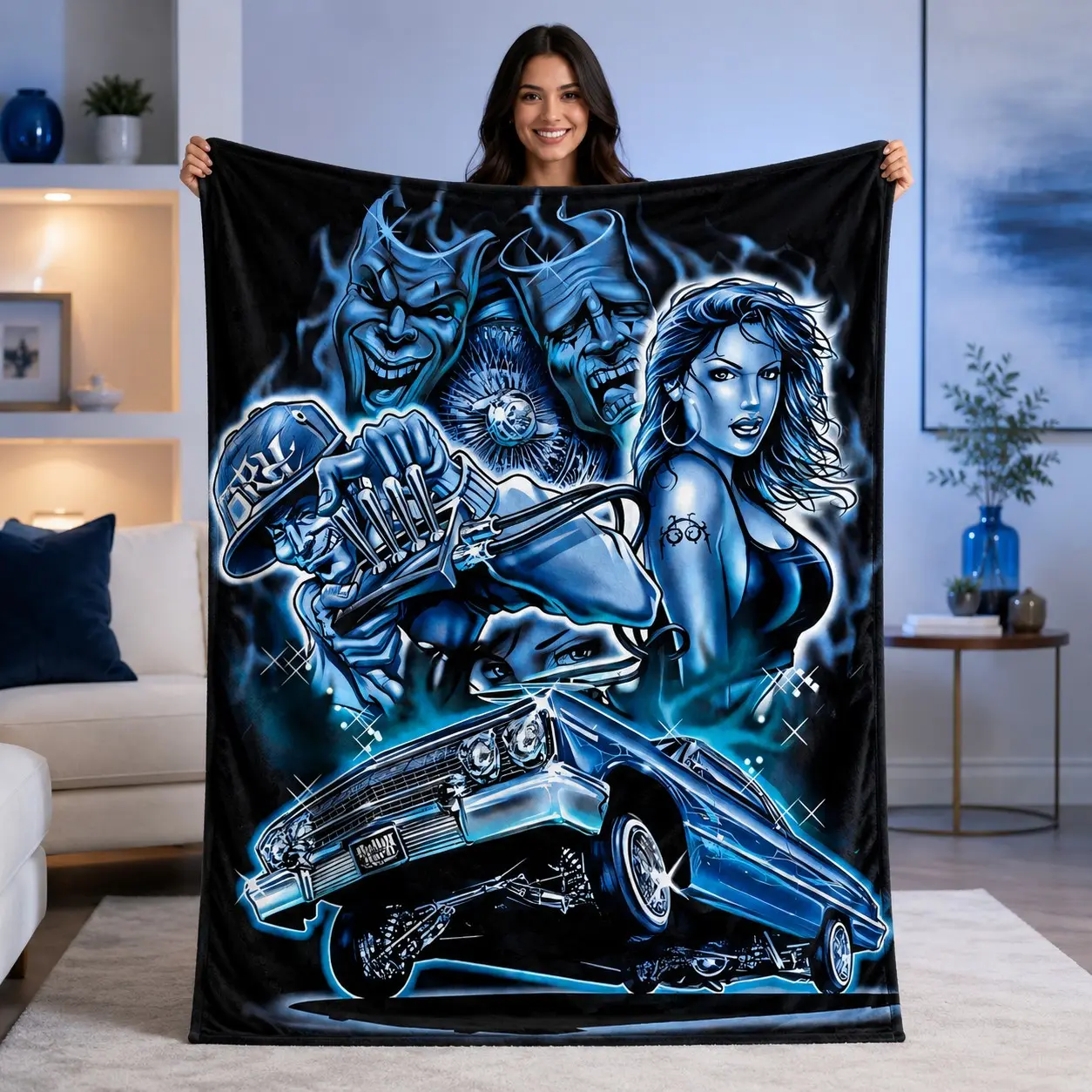 1pc Blue Black Hip-Hop Lowrider Fleece Blanket, Street Graffiti Style Car Character All Over Print. Soft Warm Multi-use Throw for Sofa, Bed, Office, Camping, Ideal Christmas & Birthday Gift.