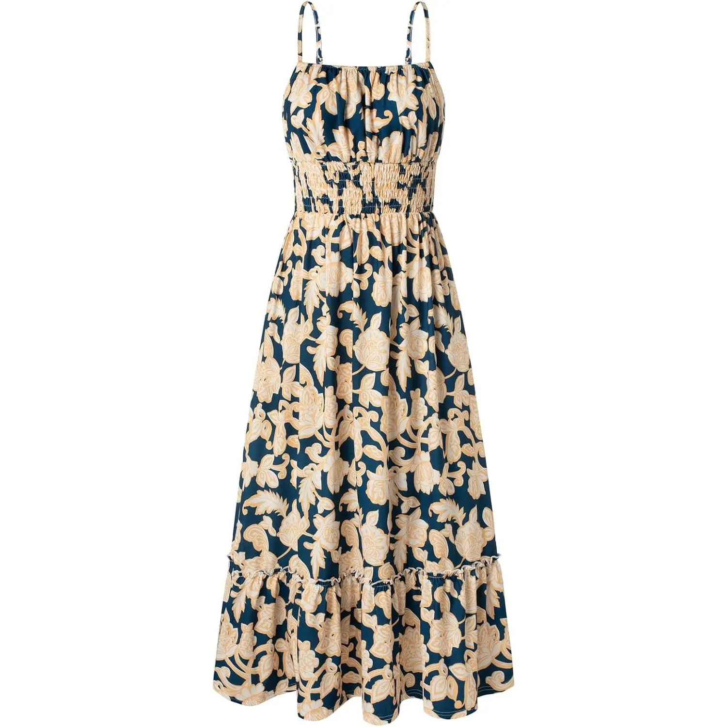 Women's 2026 Smocked Tropical Print Spaghetti Strap Boho Beach Maxi Dress - Casual Wear Vacation Sundress with Adjustable Details & Pocket, Drape, Ditsy, Stretchy, Bohemian, Elegant, Evening, Everyday, Fit, Sleeveless, Soft, Fabric, Floral