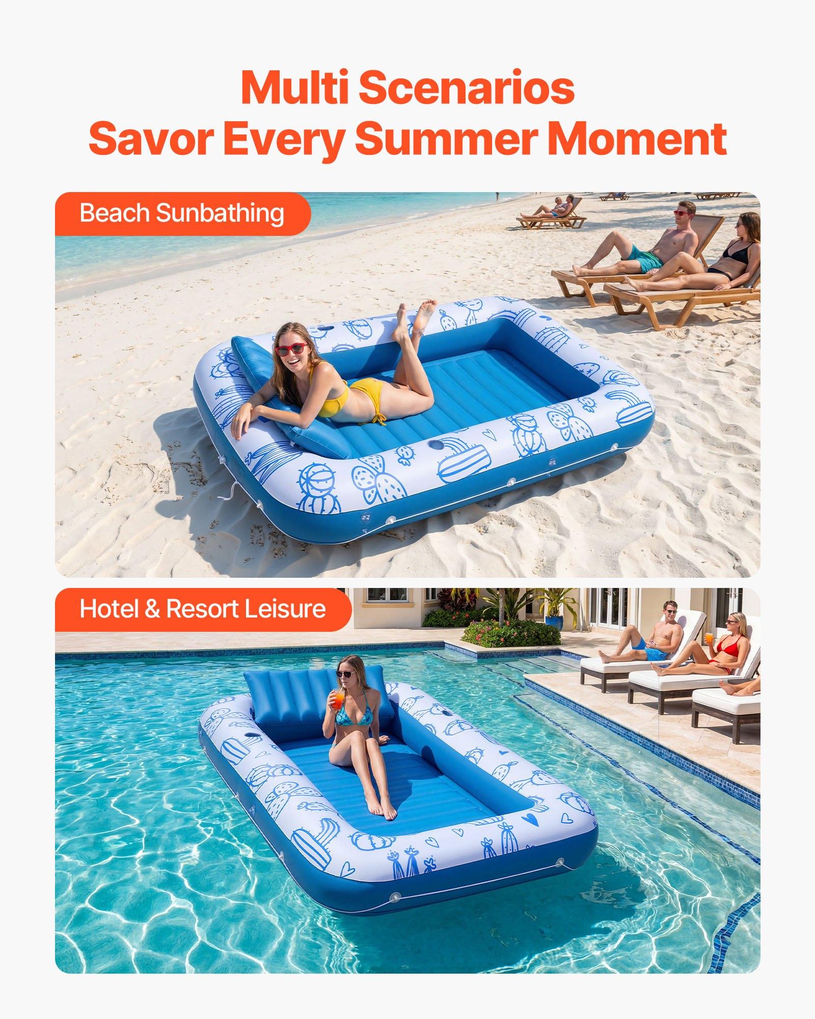 VEVOR Inflatable Pool Float with UPF 50+ Canopy, 82" x 55" Large Tanning Pool Floating Lounger for Adults, 550LBS Capacity Sunbathing Lounger Floaties with Pillow, Phone & Cup Holder for Water Fun