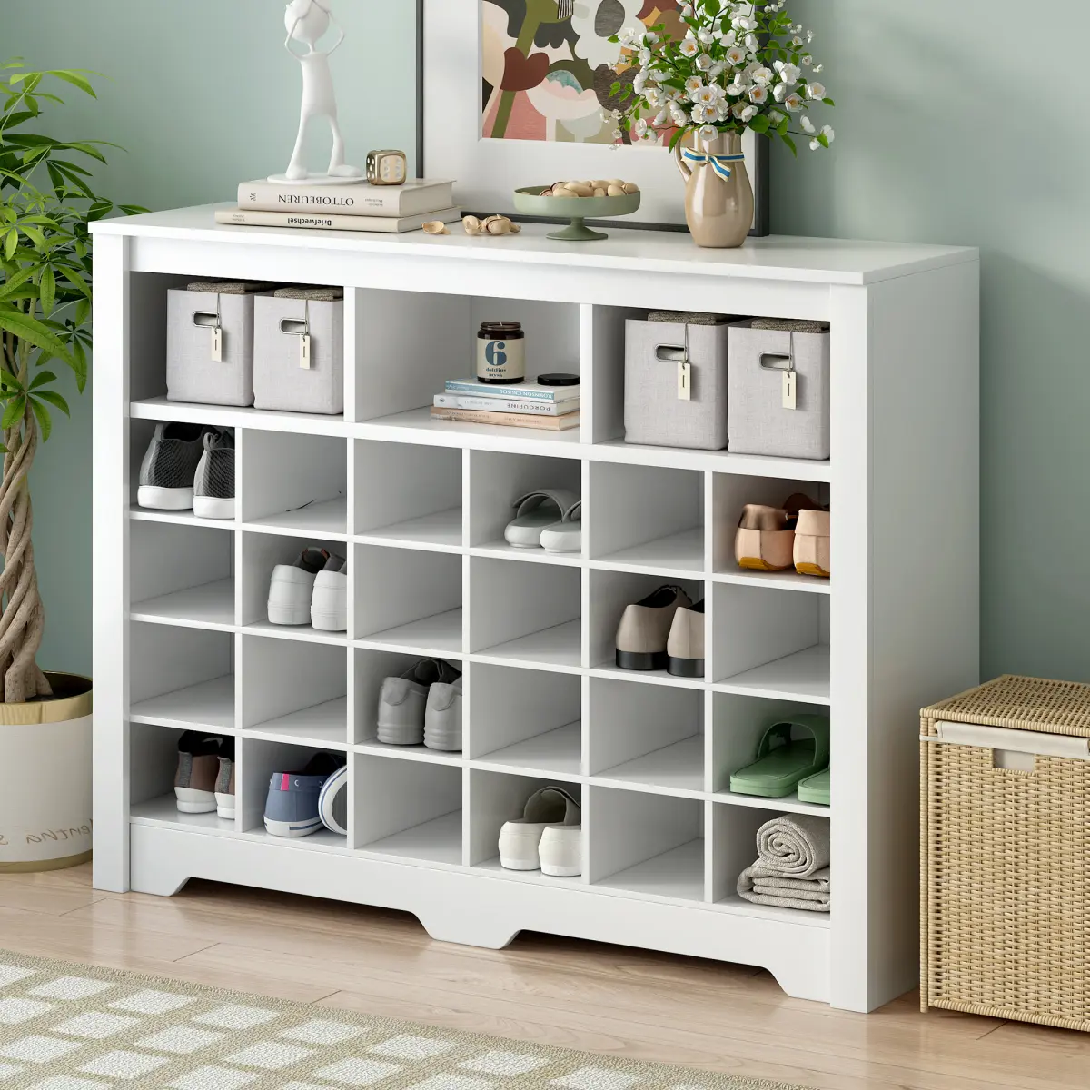 [Bellemave]  24 Shoe Cubby Console, Modern Shoe Cabinet with Curved Base, Versatile Sideboard with High-quality for Hallway, Bedroom, Living Room