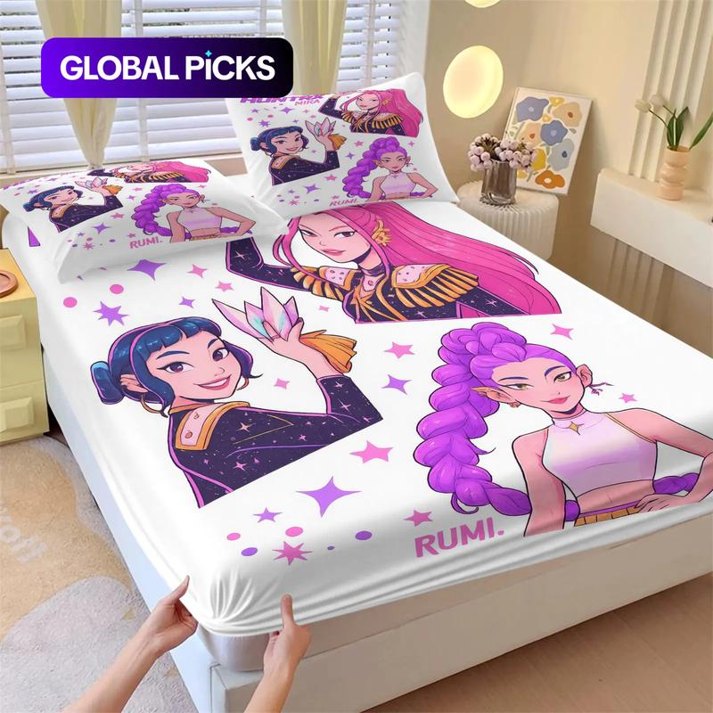 K-Pop Demon Hunters Fitted Sheet Set, Decorative Bedsheet Sets, 1 Fitted Sheet and 2 Pillowcases Without Inner Core, Fashionable Girl Group and Star Magic Element Bedding, Soft Breathable Fabric, Ideal for Bedroom and Dormitory Use #TOP PICKS