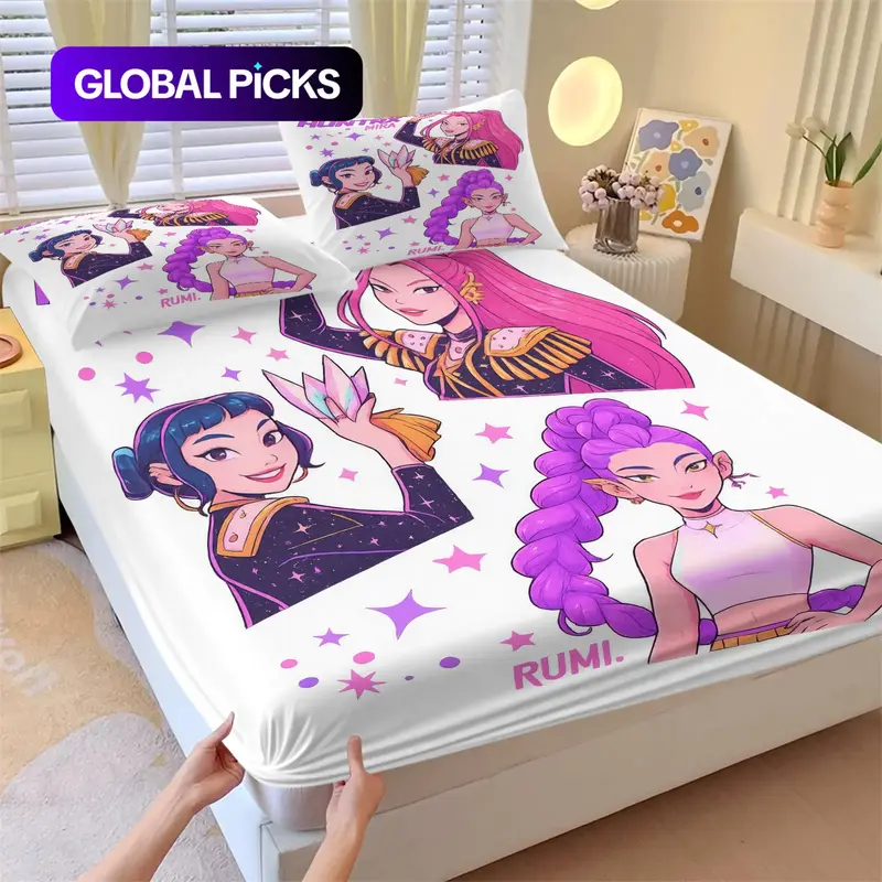 K-Pop Demon Hunters Fitted Sheet Set, Decorative Bedsheet Sets, 1 Fitted Sheet and 2 Pillowcases Without Inner Core, Fashionable Girl Group and Star Magic Element Bedding, Soft Breathable Fabric, Ideal for Bedroom and Dormitory Use #TOP PICKS