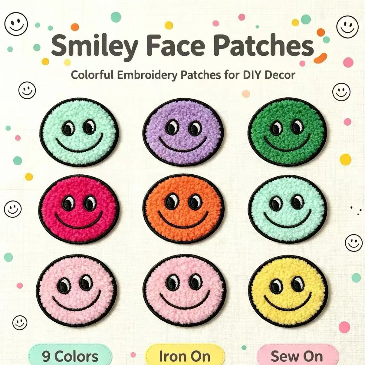 Multicolored cute embroidered towel patch with smiley face design for ironing – fun design – easy to sew or iron, durable fabric badge, suitable for personalizing jackets, bags, and more
