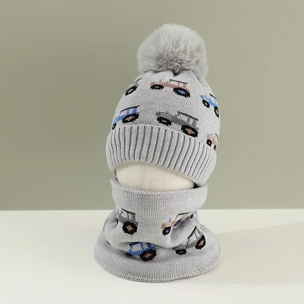 2pcs Boys' Winter Warm Hat & Scarf Set with Truck & Car Winter Adventure Print - Thick Knit Balaclava & Beanie, Elastic Fit for Outdoor Play, Christmas & Thanksgiving Outfits, Cozy Cold-Weather Clothing (Light Grey, Navy, Red, Blue, Black) - Hand Washable