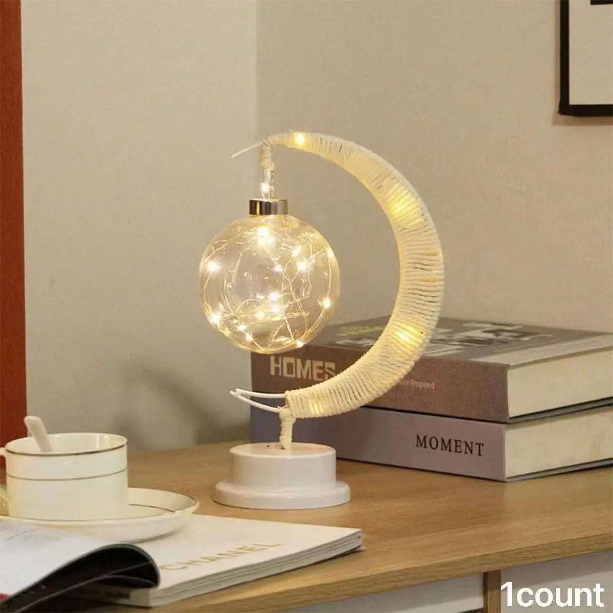 Moon Round Ball Hemp Rope Table Lamp, Iron Art Decorative Night Light, Bedroom Night Light, Ramadan Atmosphere Bedside Lamp, Romantic Date Decoration, Artistic Table Lamps, Indoor Decorative Light, Home Decoration Lamp
