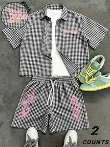 Unisex design. Summer American vintage retro check pattern star print short-sleeved shirt and shorts set. Loose fit, trendy, breathable, two-piece casual sportswear set.