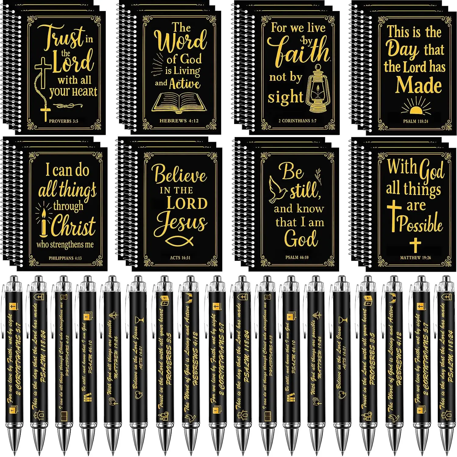 24 Sets Inspirational Notebooks Pens Bulk, Foiling Black | Christian  Verse Spiral Notepads with Pens,  Foiling Design, Religious Gifts for Church Office Teacher Coworker