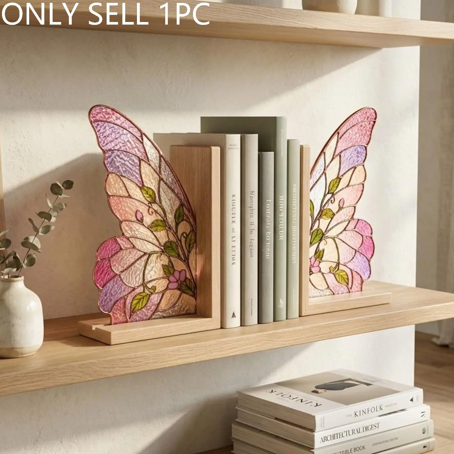 Floral Butterfly Stained Acrylic Bookends, Wooden Base Acrylic Butterfly Wing Book Holder, Pink Bookshelf Decor, Vintage Tiffany Style Bookends for Shelves Decor,  Book Lover Gift for Women, Aesthetic Book Support Gift for Book Lovers Home Ornament