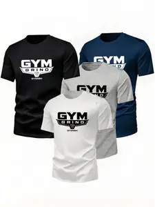 4-Pack Short Sleeve T-Shirts, Gym Training, Weightlifting, Sporty Casual, Gym Grind Print, Breathable Fabric, Unisex, All Seasons