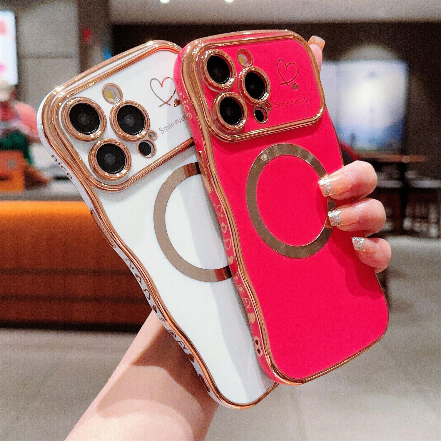 Luxury Plating Cute Heart Pattern Case for iPhone 17 Pro Max/17 Air 16/15/14/13 Cover Curly Wave Frame Fashionable for Women Girls Camera Protection Slim Shockproof Phone Case