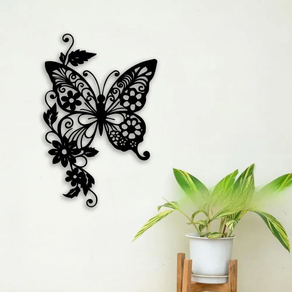 Butterfly Flower Metal Decorative Wall Decor - Elegant Room Decor Wall Art Home Decor Wall Decorations Unique Wall Decor for Living Room, Bedroom, Dining Room, Bathroom, Outdoor, Garden Ornaments (Black)