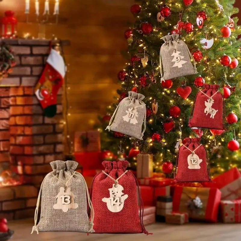 24pcs Christmas Advent Calendar Drawstring Bags, Burlap & Paper Material, Perfect for Holiday Gifts & Decoration, Gift Wrapping Sets