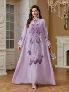 Middle Eastern Women's Traditional Style Sequined Mesh Kaftan Dress, Evening Party Abaya, Long Robe, Festival Attire