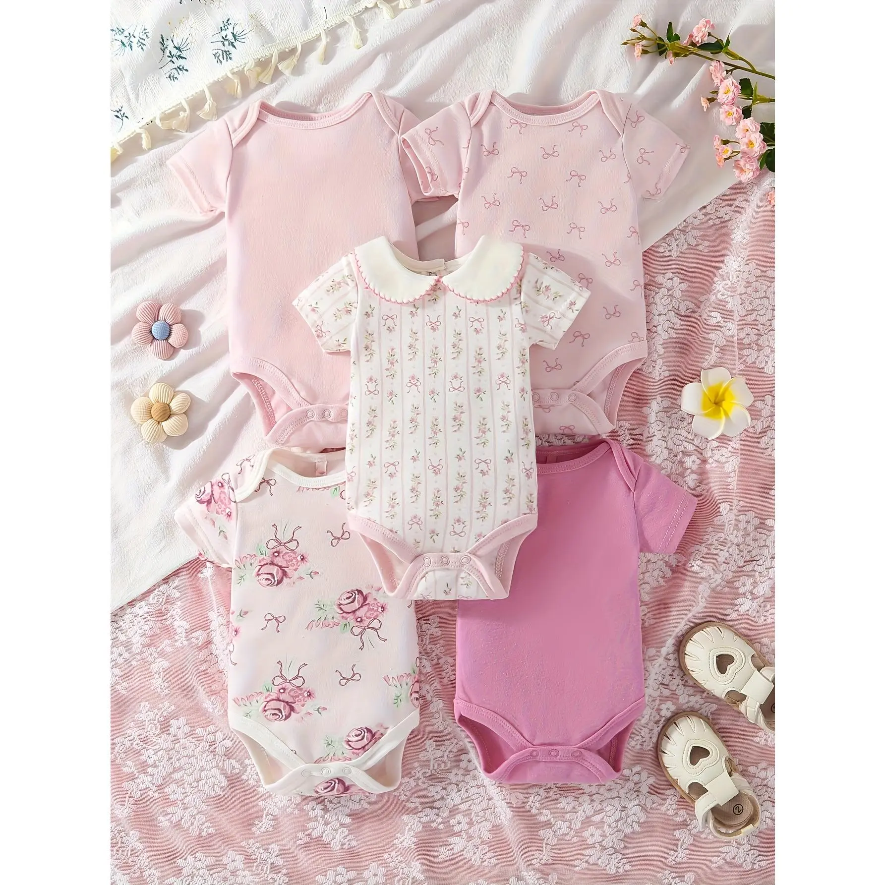 5pcs Set Pack Baby Girl Short-Sleeved Triangle Jumpsuit with Cute Flowers, Girl Wear Outfits, Crawling Suit for Outdoor Use