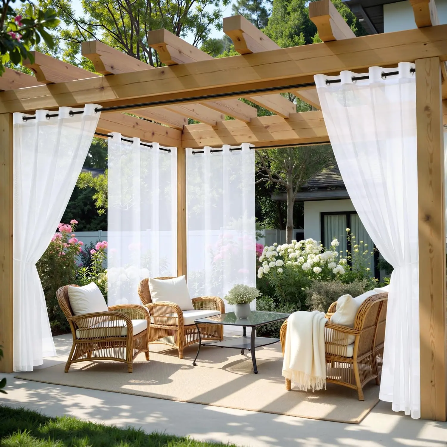 White Outdoor Curtain for Patio Waterproof, 4 Panels 54 x 84 Inch - Grommet Outside Sheer Curtains for Gazebo/Pergola/Cabana/Porch/BalconyGift.