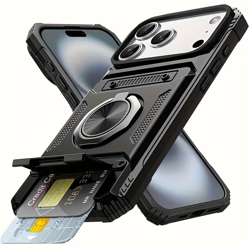 Heavy-Duty Shockproof Hard Case for iPhone 13 14 15 16 E 17 Pro Max Plus, Hidden Dual Card Slot Design with Rotating Metal Stand, Card Holder Protective Cover
