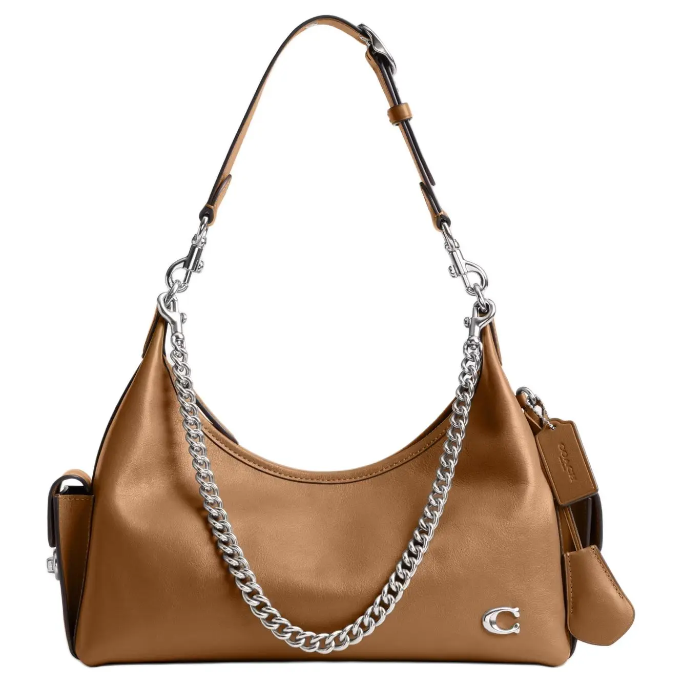 COACH Pocket Juliet 30 Crossbody Bag for Women, Moto-Style, Honey Brown Smooth Leather with Detachable Adjustable Strap and Gold Logo