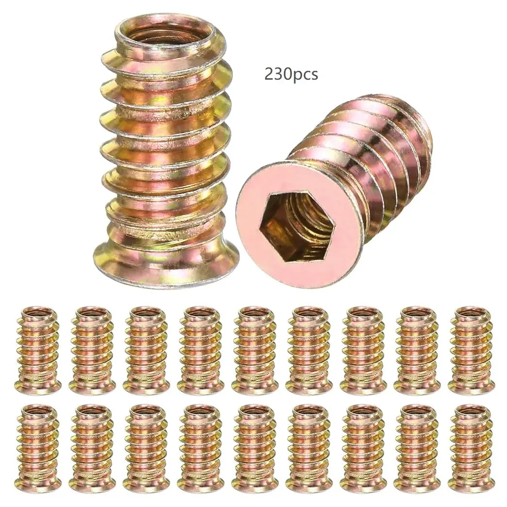 230 Pcs Threaded Wood Inserts, also known as wood embedded screws. These hex drive knock-in nuts are made of galvanized carbon steel, durable furniture fasteners. Designed for cabinet, chair repair and various DIY projects. Equipped for hex socket drive.