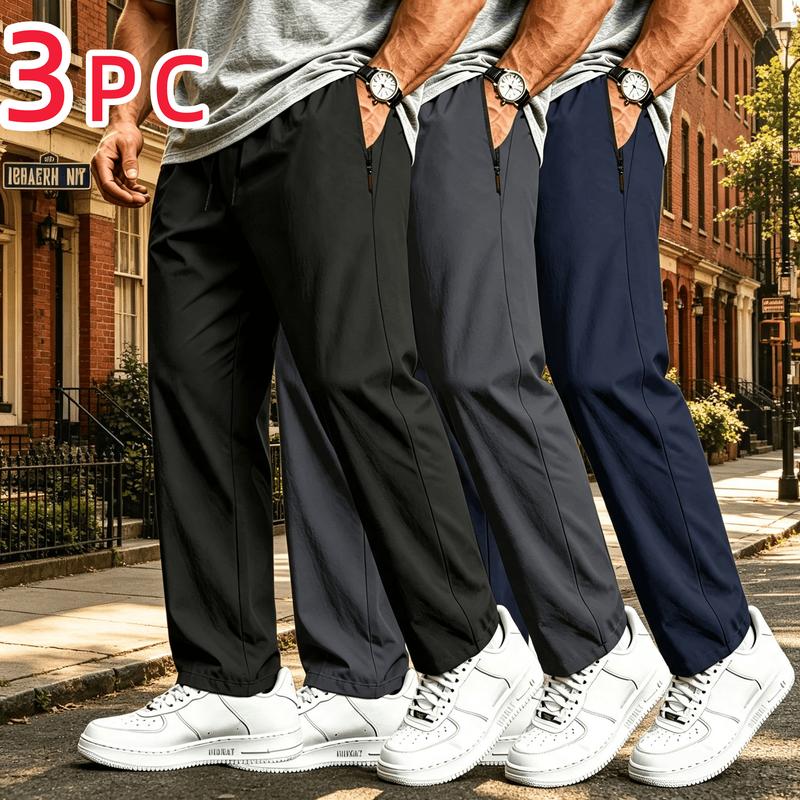 Men's 3PC Sports Joggers, Polyester, Drawstring Elastic Waistband, Zipper Pocket, Male Clothing, Ideal for Fitness Running, Daily Outdoor Activities