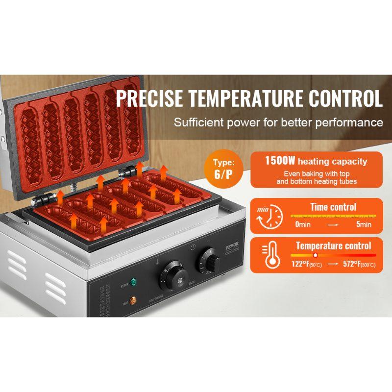 VEVOR Commercial Waffle Stick Maker, 6PCS 1500W Waffle Baker Machine, Non-Stick Stainless Steel Corn Hot Dog Waffle Iron with Temp and Time Control, Handle, for Restaurant Bakery Snack Bar Family