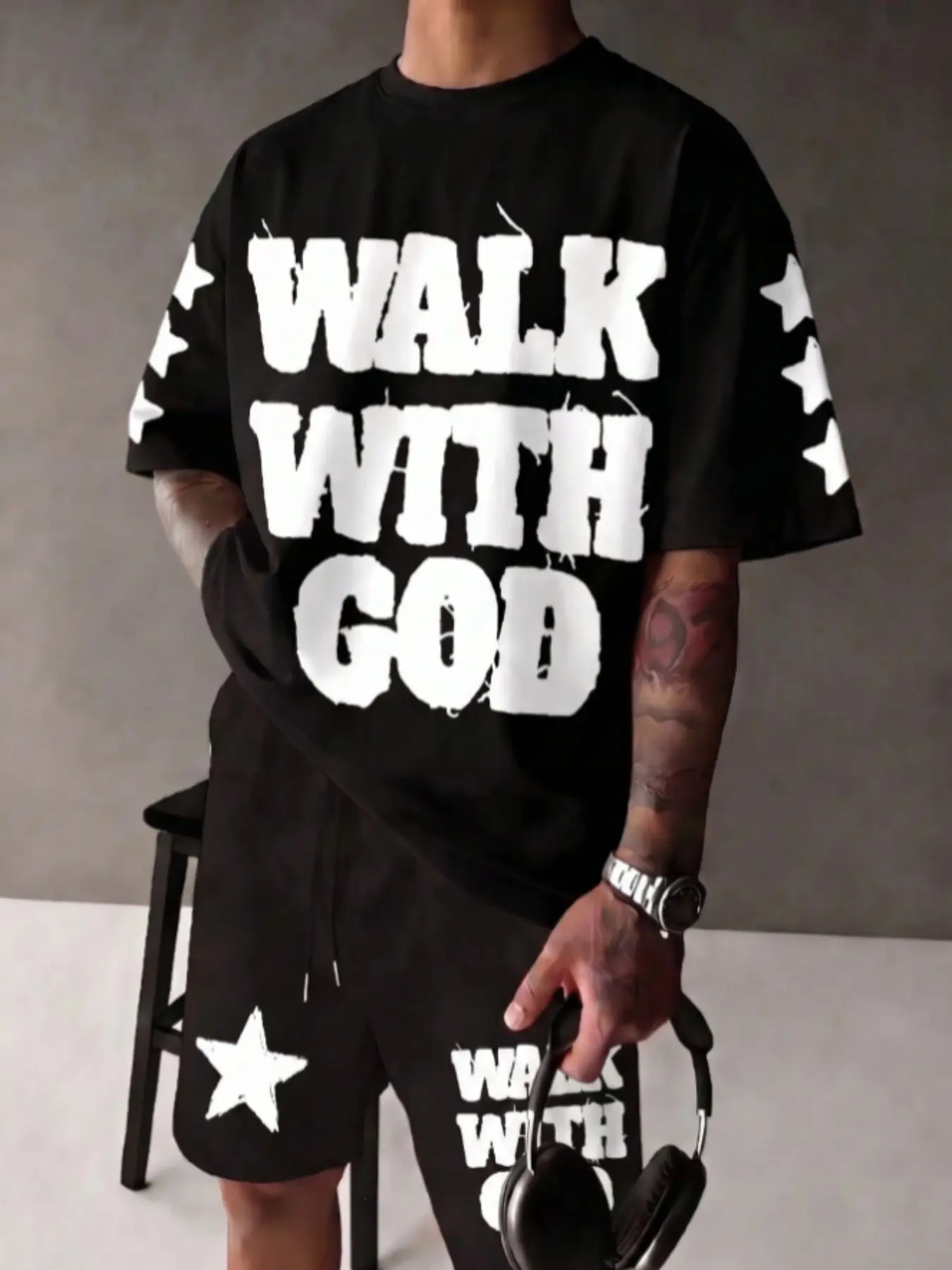 Men's Two-Piece Set 'walk with God' Starry Print T-Shirt and Shorts, Casual Summer Sports, Fitted Short Sleeve, All over Print, Menswear, Casual Clothing Set, Casual Matching Sets