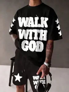 Men's Two-Piece Set 'walk with God' Starry Print T-Shirt and Shorts, Casual Summer Sports, Fitted Short Sleeve, All over Print