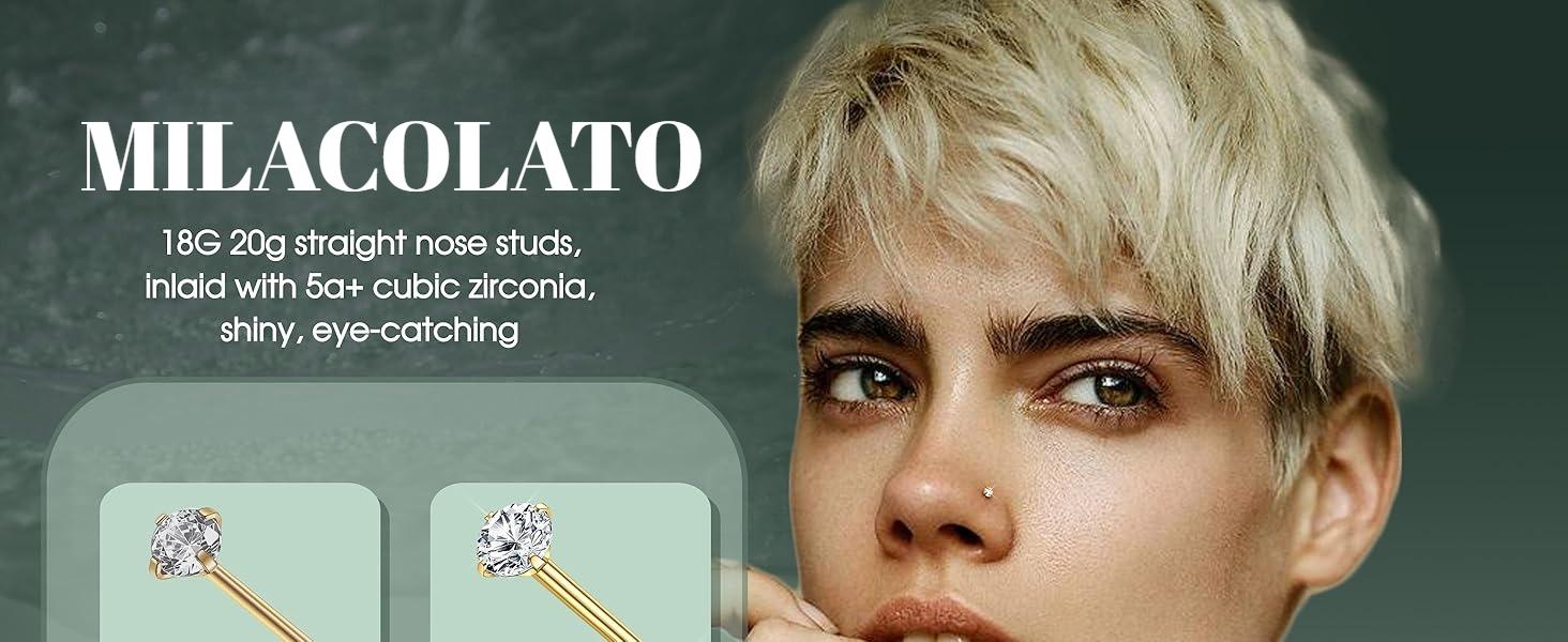 Milacolato Hypoallergenic Nose Rings 18G 20G Surgical Stainless Steel Nose Rings Studs Cubic Zirconia Nose Ring Labret Nose Piercing Jewelry for Women Men 1.5mm 2mm 2.5mm 3mm