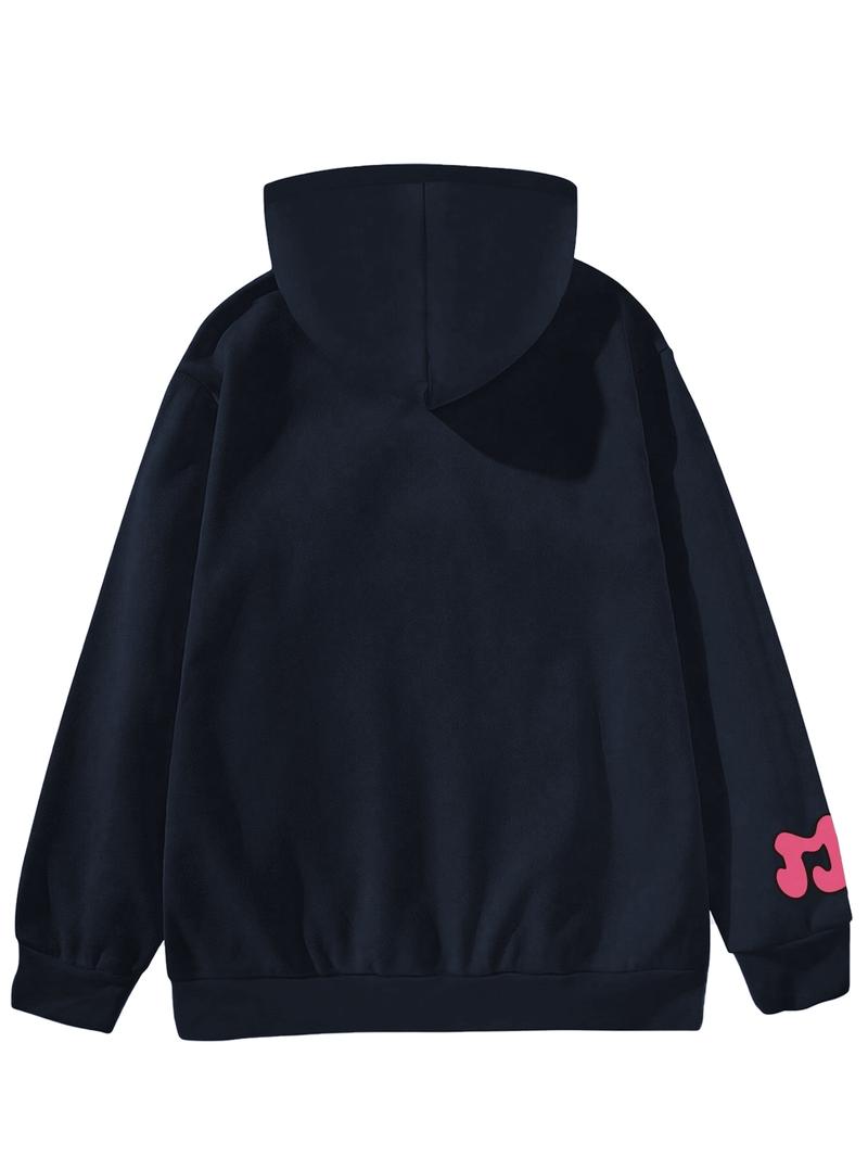 Men's Regular Fit Graphic Print Drop Shoulder Zip Up Hoodie, Fashion Casual Drawstring Pocket Plush Lined Hooded Sweatshirt for Daily Holiday Outdoor Wear, Men Clothes for Fall & Winter, Hooded Zipper Hoodie