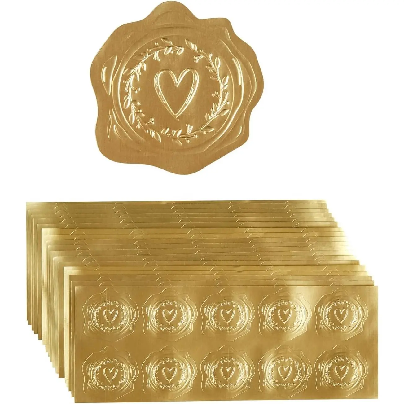300 Pieces Embossed Gold Foil Stickers for Envelopes, Wedding Invitations, Christmas Greeting Cards (Gold Heart-Love)