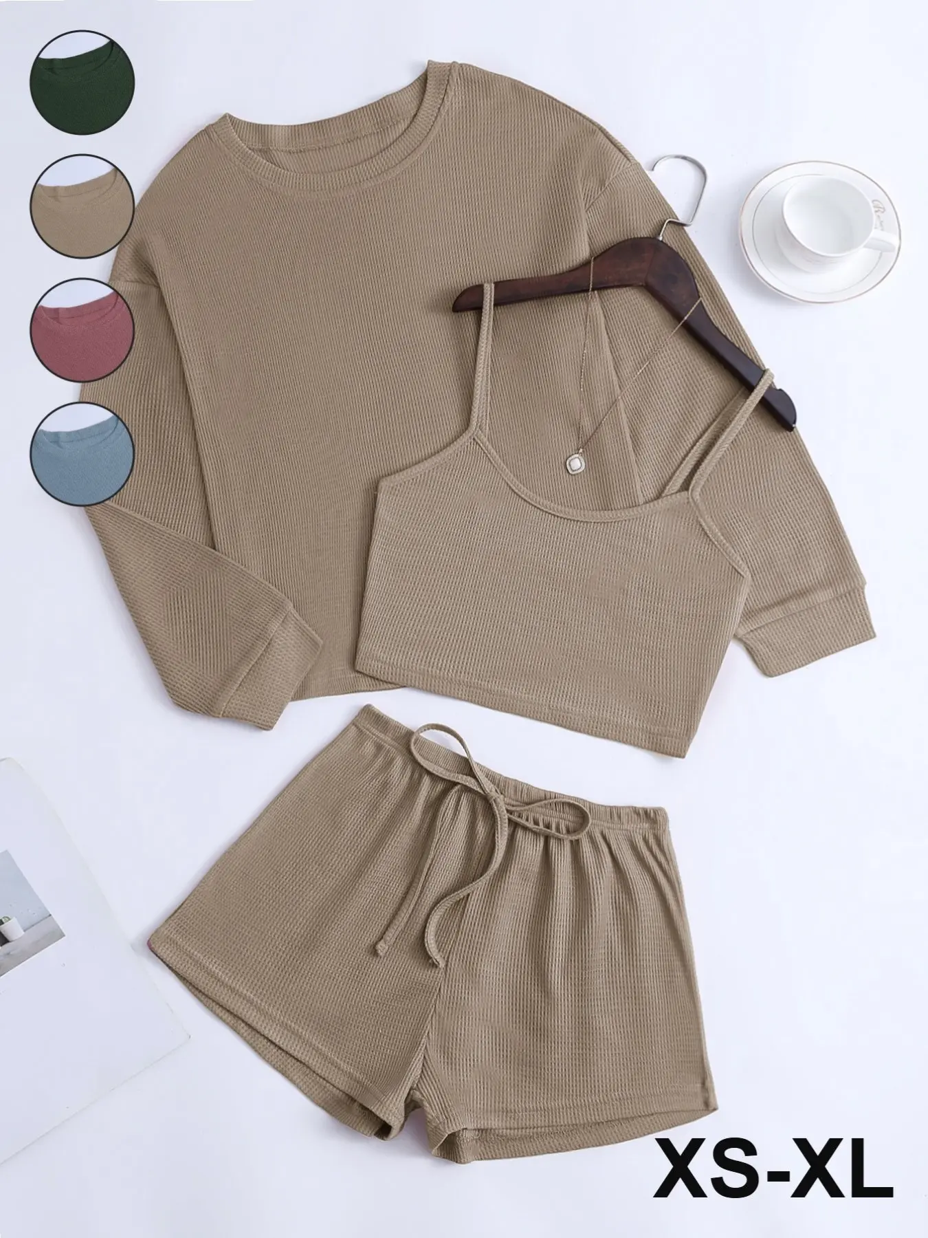 Women's Waffle Knit Cami Set Loungewear, Long Sleeve Round Neck Top & Drawstring Shorts, Casual Fall Winter Home Wear, Loose Fit, Home Loungewear Pajamas