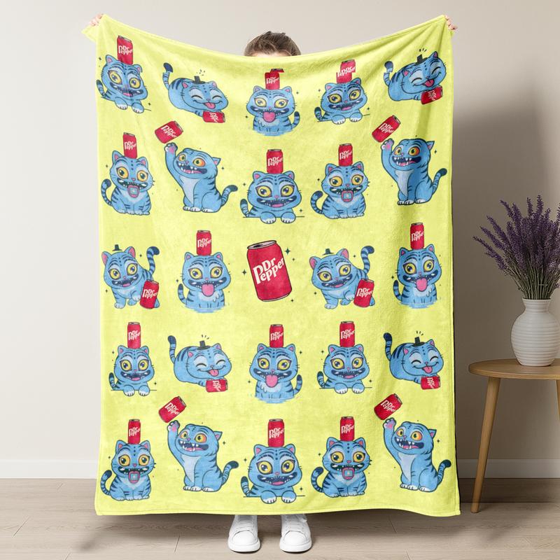 KPop Demon Hunters Huntrix Blue Kawaii Tiger Derpy Dr Pepper Flannel Blanket slogan print cozy blanket soft fluffy blanket fleece lightweight gift