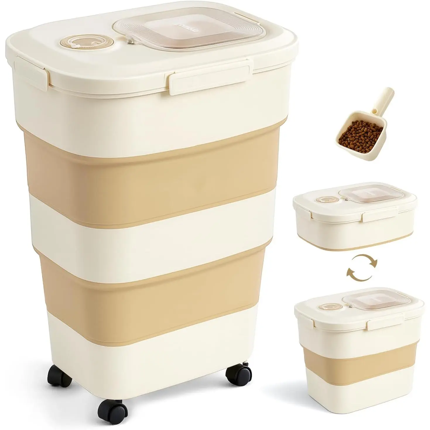 Khaki Collapsible Airtight Seal Dog Food Bin (40-50lbs), Large-Capacity Pet Food Storage Container with Rolling Wheels, Transparent Lid, Scoop, Date Tracker, Silicone Gasket