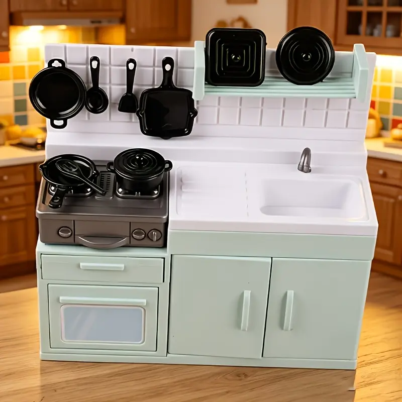1:12 Scale Mini Kitchen Set [Random 1 of 4 Colors], Dollhouse Kitchen Set with Cookware & Cabinets, Easy DIY Assembly, Perfect for Photography Props & Desktop Decor, Miniature Cooking Set