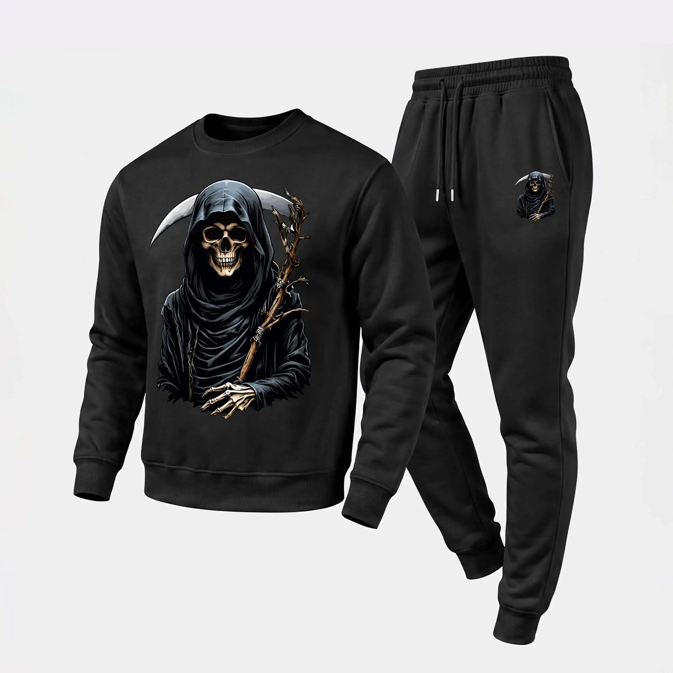 Men's A Grim Reaper In A Dark Gothic Style. Crewneck Sweatshirt and Jogger Pants Set, Casual Long Sleeve Pullover with Drawstring Sweatpants, Fall Winter Tracksuit for Daily Wear, Travel, Lounge, Workout and Indoor Outdoor Activities