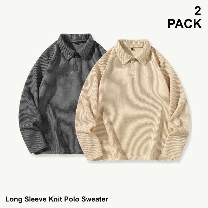Men's Long Sleeve Polo Collar Button Ribbed Knit Pullover Sweater, 2-Pack Mixed Assorted Solid Colors, Versatile Solid Color Pack, Long Sleeve Textured Top, Sizes S-XXL, Group 2