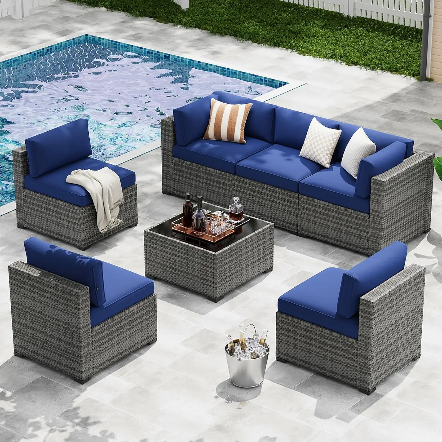 Modular Resilient Outdoor Sectional Sofa, 7-Piece All-Weather Wicker Rattan Patio Conversation Set with Lazysunsets Blue Finish and Coffee Table， summervibes fathersdaygift