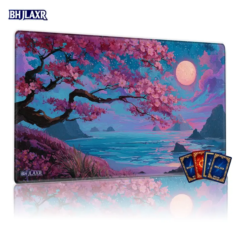 Serene Coastal Dusk Cherry Blossom MTG Playmat 12x24in, Non-Slip TCG Gaming Mat for Family Gathering & Gift, Compatible with Card Games