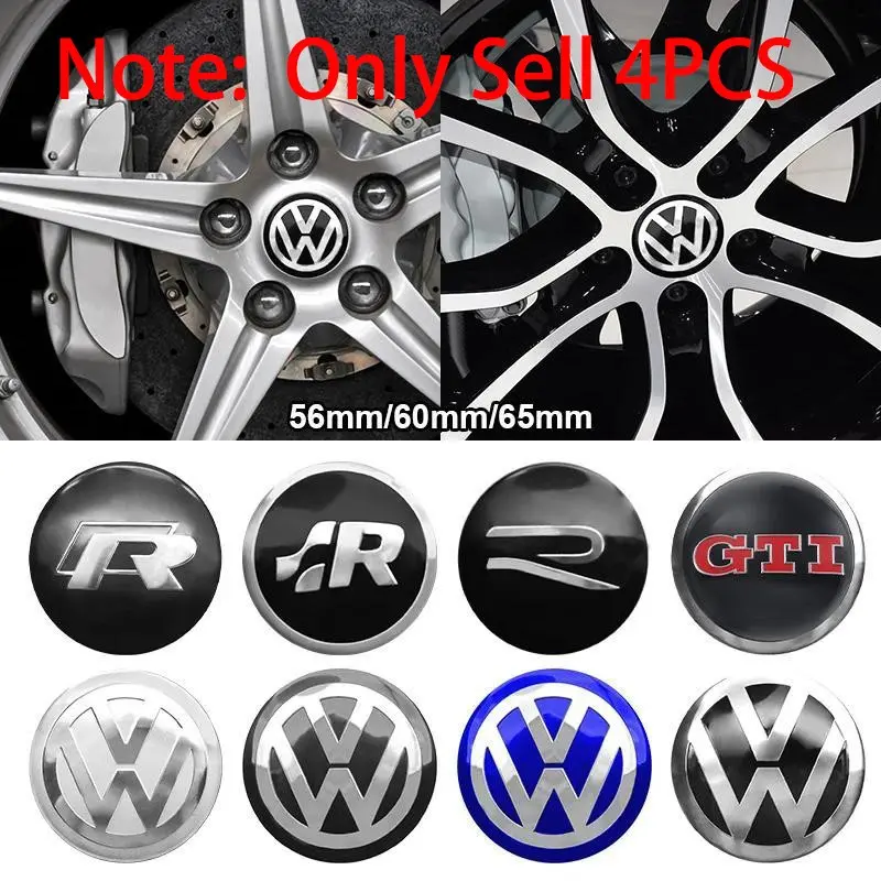 4pcs 56mm 60mm 65mm Aluminum Volkswagen Models Car Wheel Hub Center Cap Stickers Emblem Badge Vehicle Exterior Decoration Decals For Volkswagen VW GTI Golf 5 6 Polo Passat Tiguan Bettle Bora Touran Auto Styling Accessories