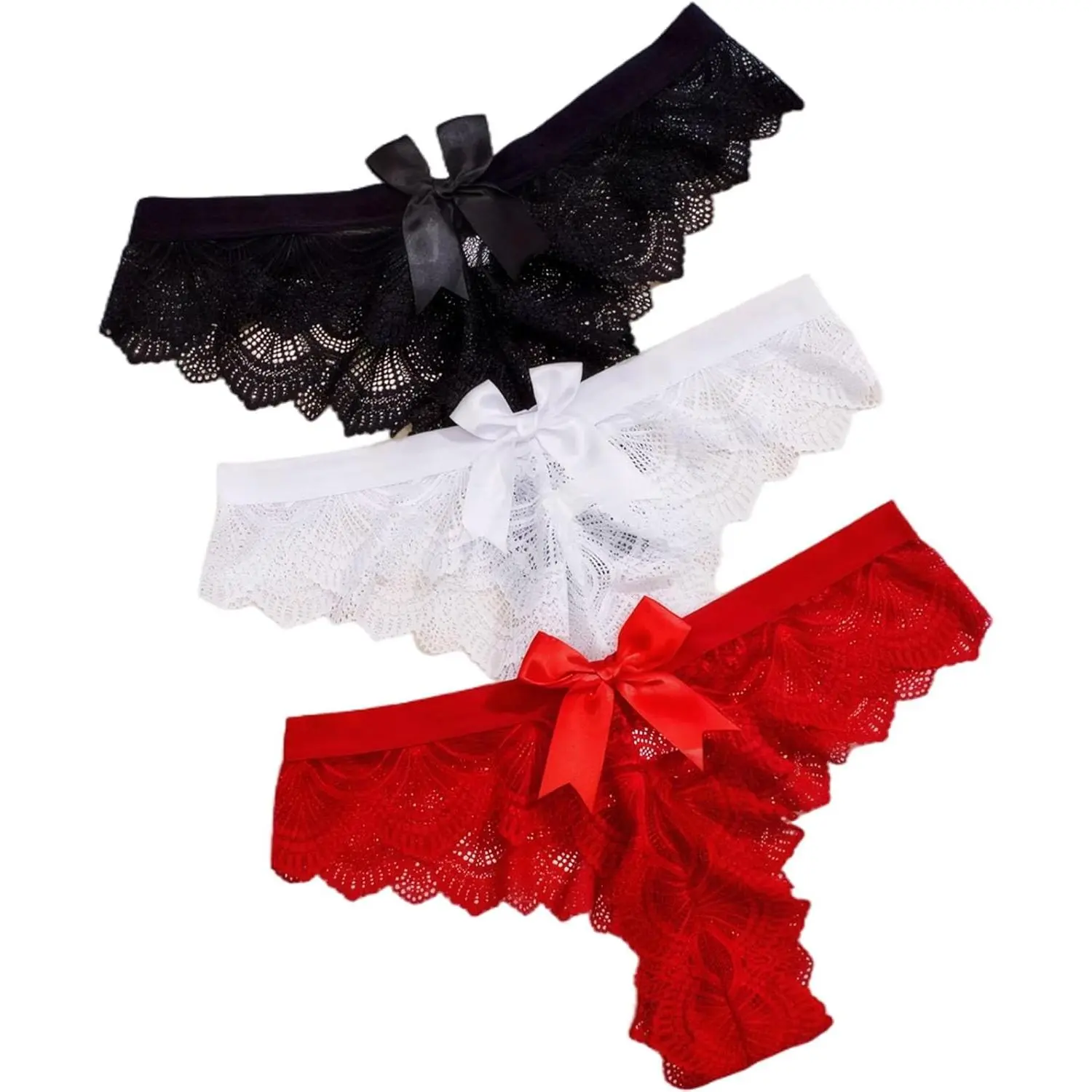 Goddess Wardrobe 3 PCS Women's Lace Thong Panties with Random Bow Knot Sexy Cheeky Bikini Underwear