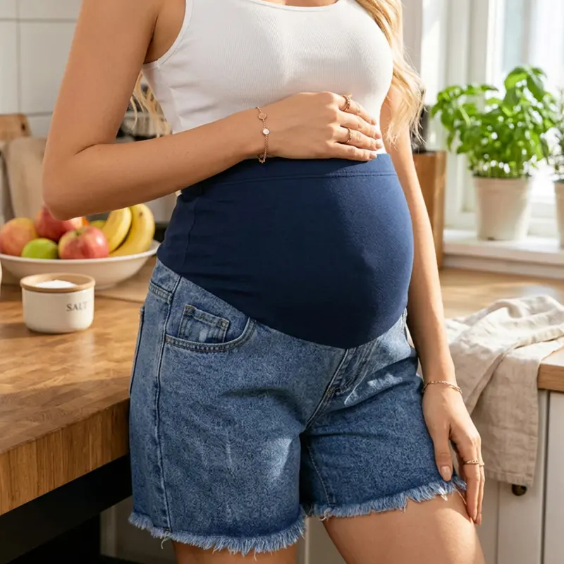 Maternity Denim Shorts Over Belly Support - Summer Comfy Stretch Jean Shorts, Hidden Adjustable Waistband Raw Hem Denim Shorts, Full Coverage Pregnancy Casual Loungewear Shorts (XS-XXL) pants